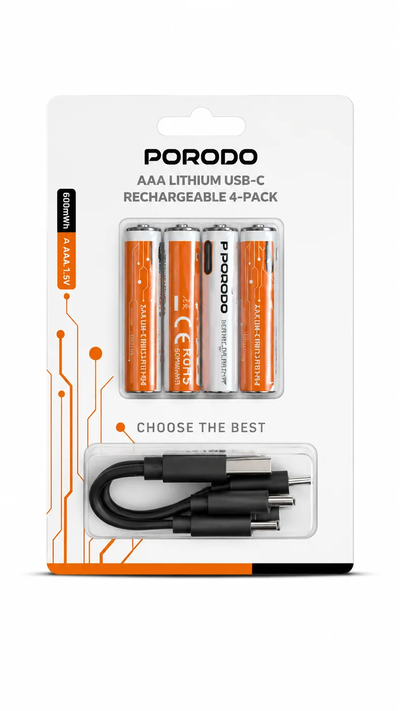 باطری نیم قلمی شارژی Porodo Porodo Aaa Lithium Usb-C